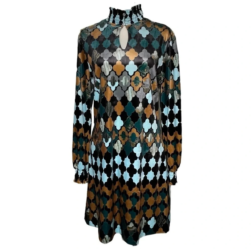 Tyler Boe Mia Multi Colored Print Velvet Long Sleeve Midi Dress Size Medium